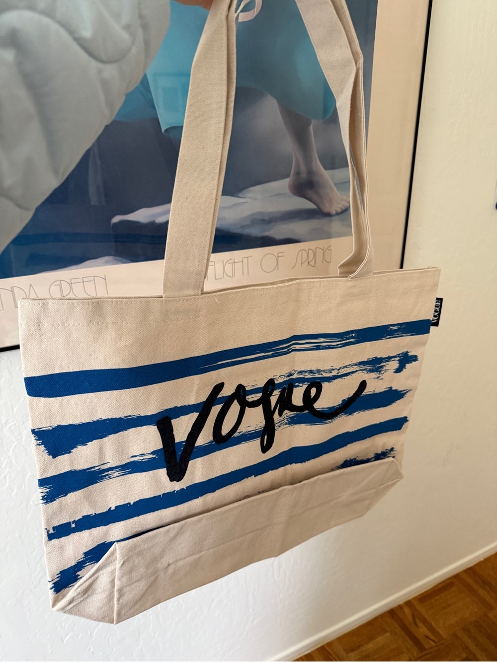 VOGUE Magazine Striped Blue and Cream Canvas Unstructured Tote Bag NEW